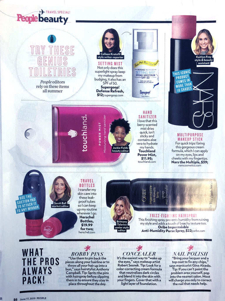 People magazine page with touchland power mist featured on the left side of page