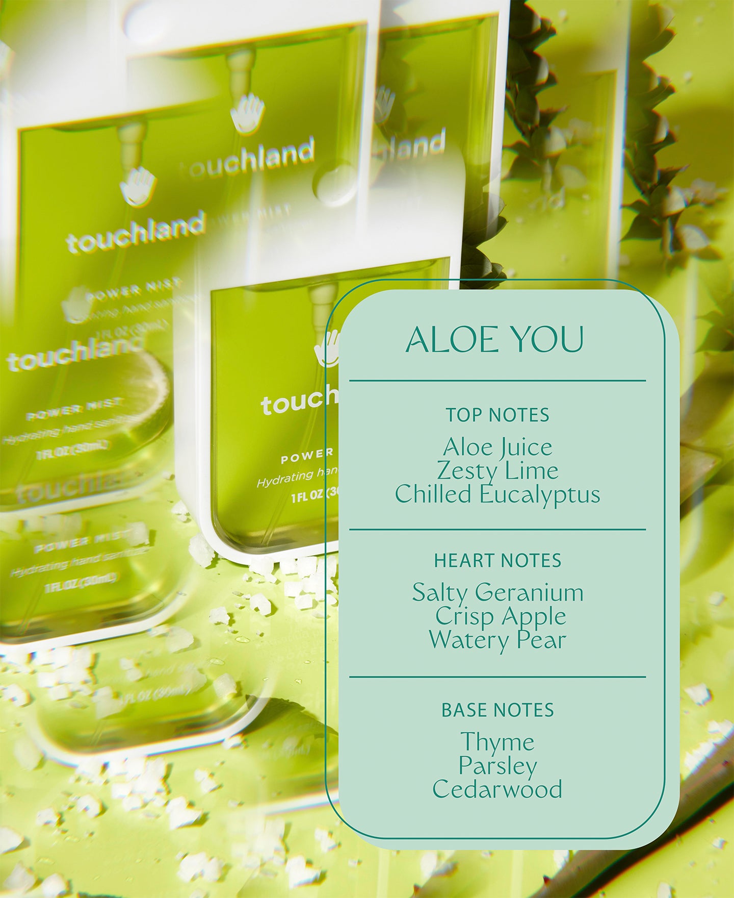 Aloe you yellow green sanitizer key notes on green background