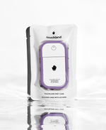 Touchland purple silicone case in clear packaging with white background