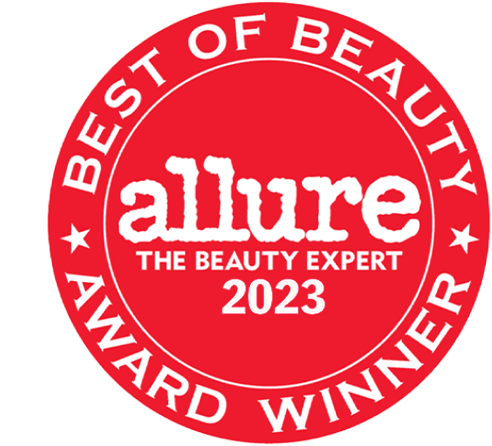 Red circle with allure reward title in white font on white background