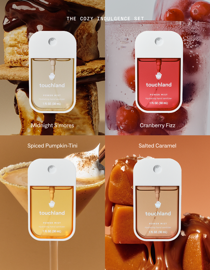 Four fragrance mist bottles arranged in a 2x2 grid with food-themed backgrounds. The top-left bottle is labeled 'Midnight S'mores' with a warm beige scent note and a brown toast background with chocolate drizzle.