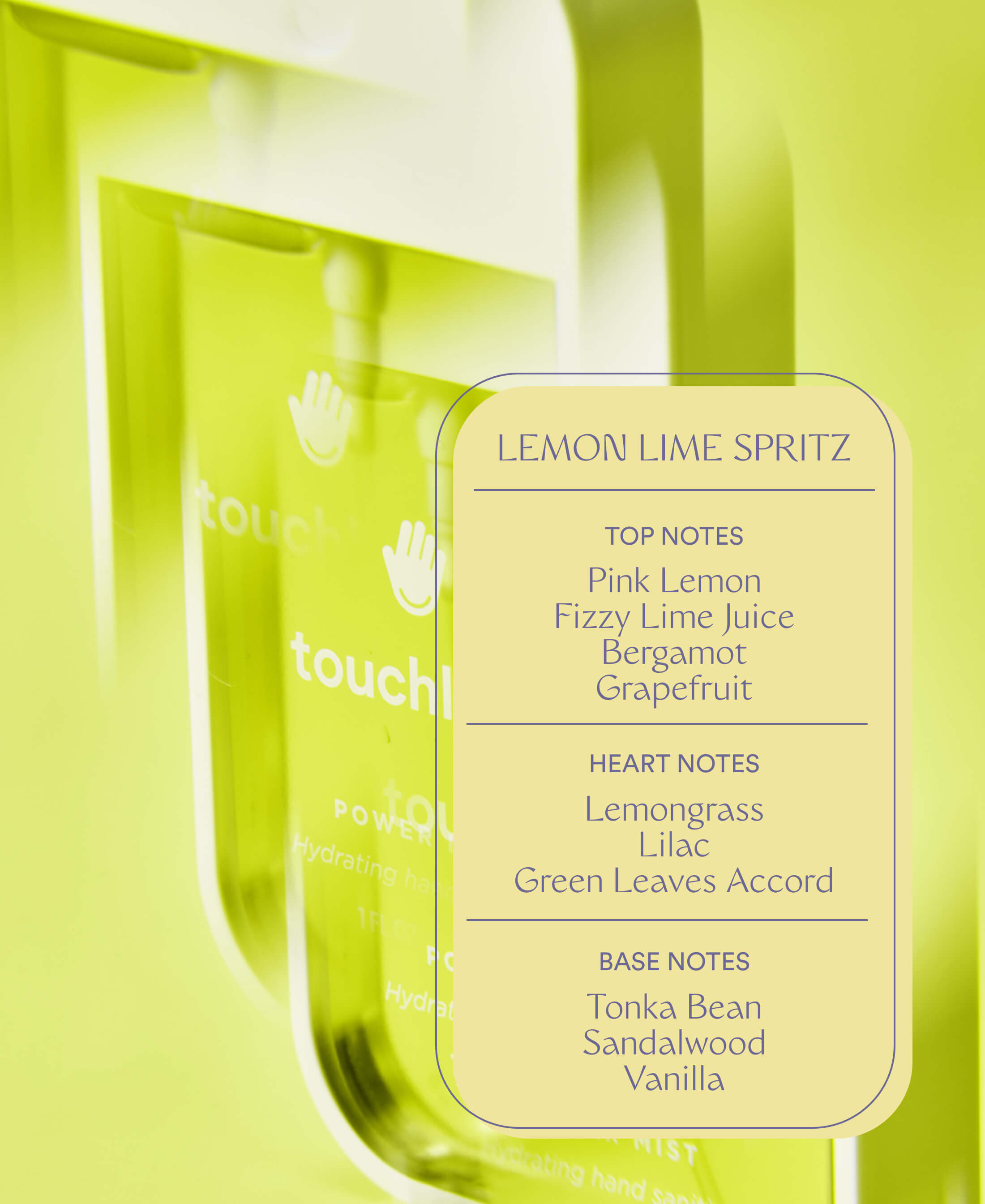 Lemon lime spritz power mist sanitizer in yellow key ingredient list on yellow background