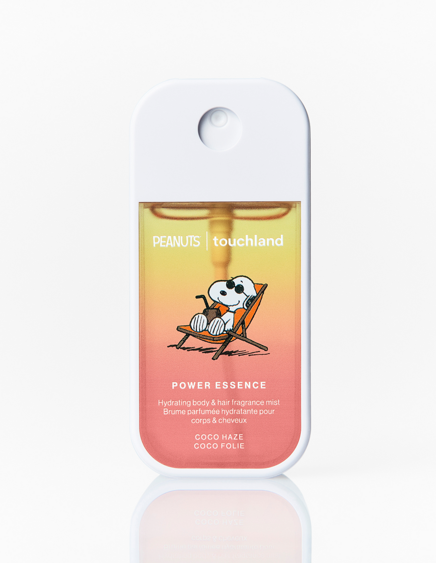 Touchland Peanuts Power Essence product packaging with Snoopy on a chair design.