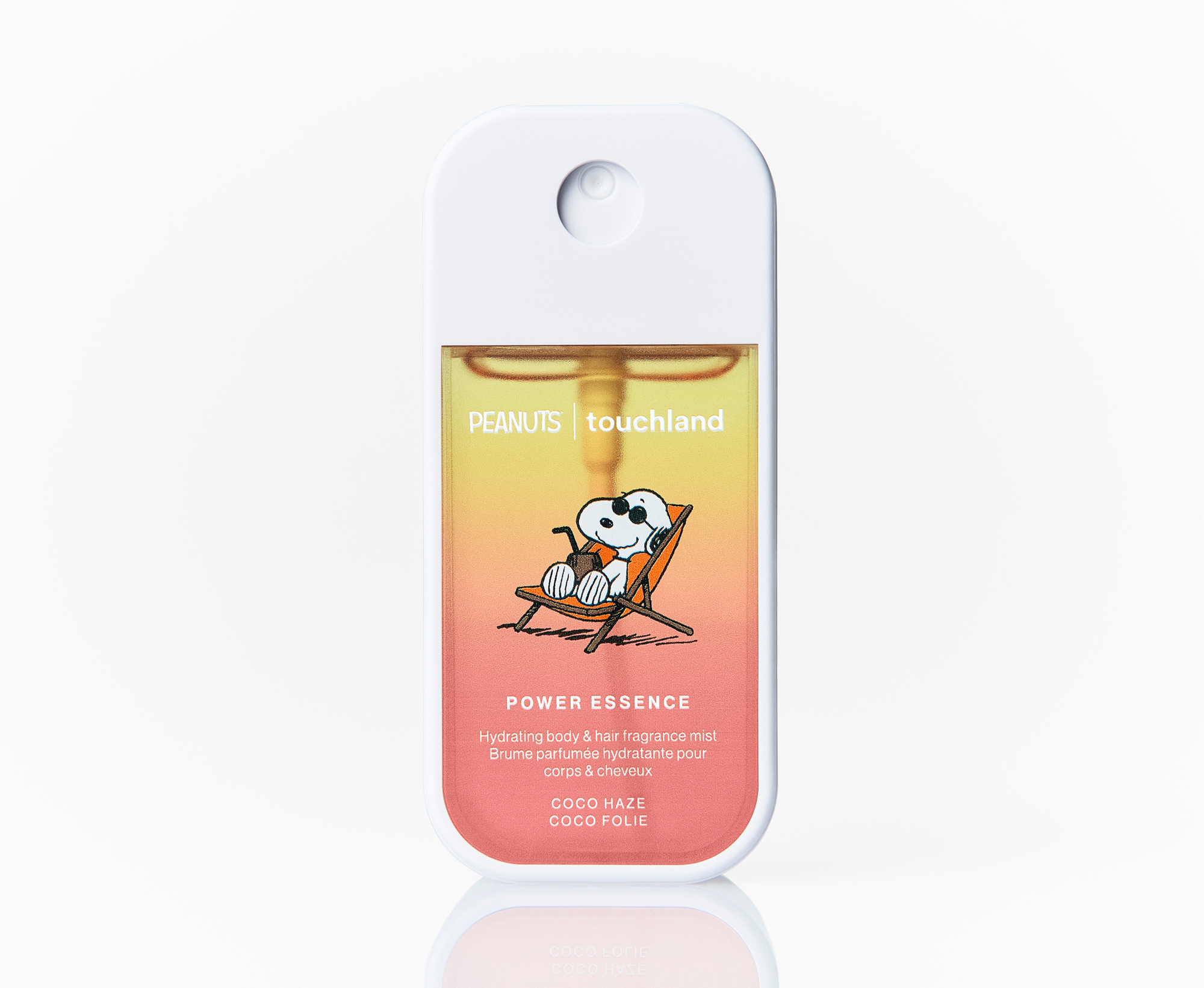Touchland Peanuts power essence product packaging with Snoopy illustration on a white background