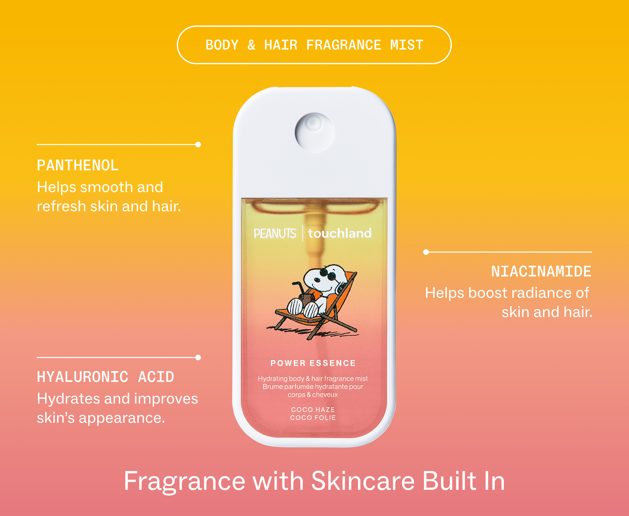Body and Hair Fragrance Mist. Panthenol Helps smooth and refresh skin and hair. Niacinamide helps boost radiance of skin and hair. Hyaluronic Acid Hydrates and improves skin's appearance. Fragrance with Skincare Built In
