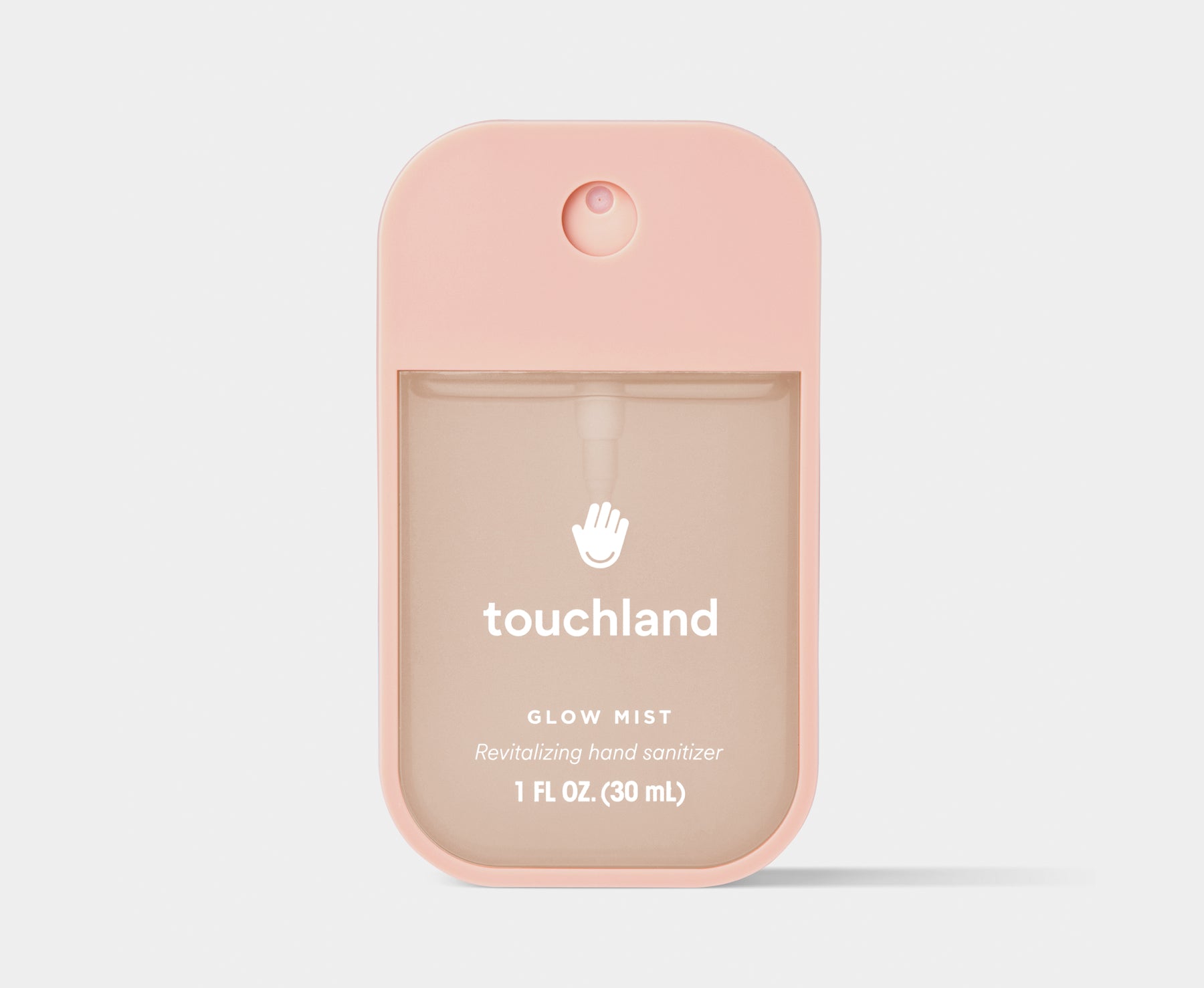 A sleek, colorful Touchland Glow Mist hand sanitizer bottle, showing its fine mist spray.