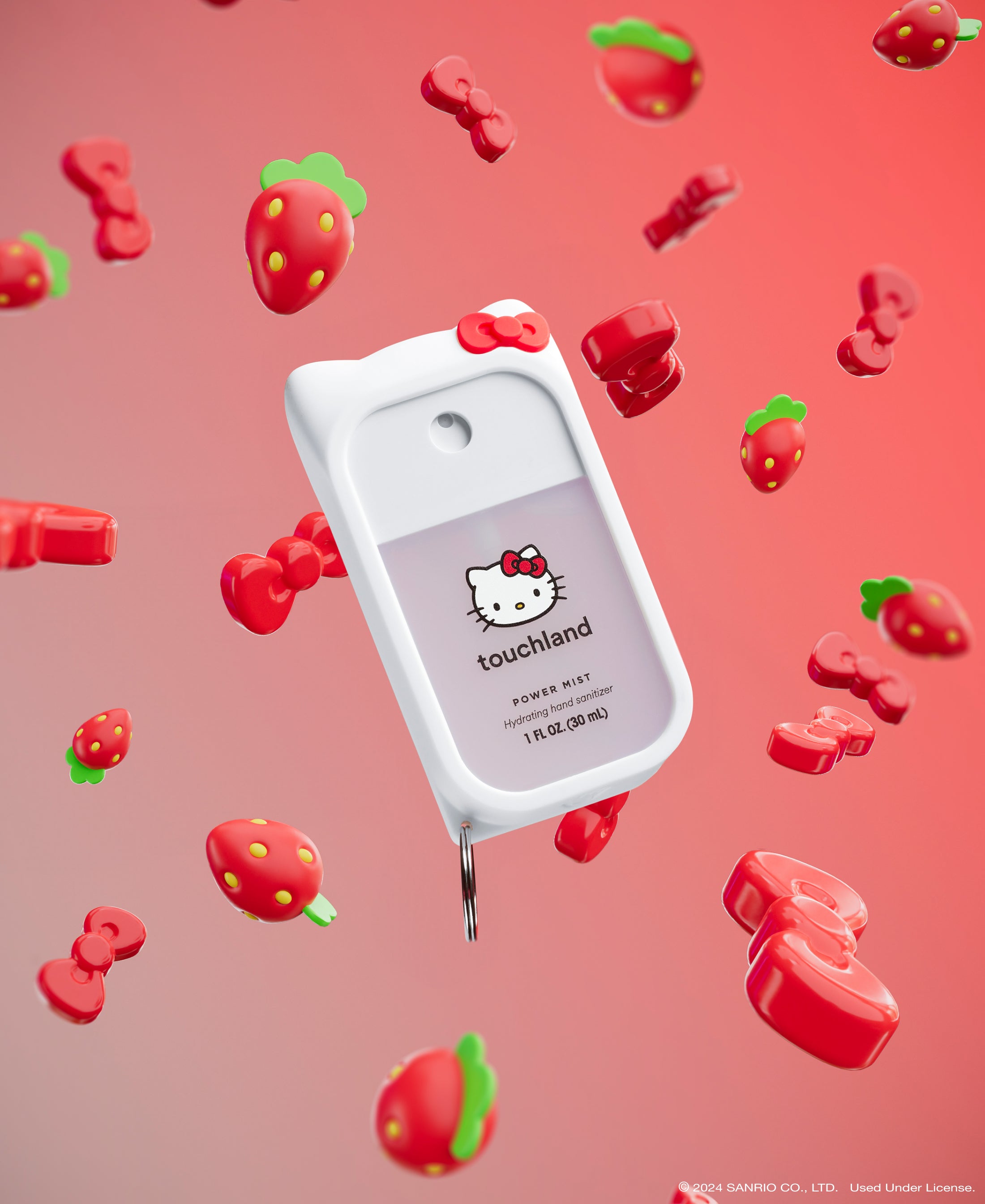 Hello Kitty® Power Mist + Custom Hello Kitty® Mist Case floating in the air with 3D bows and strawberries.