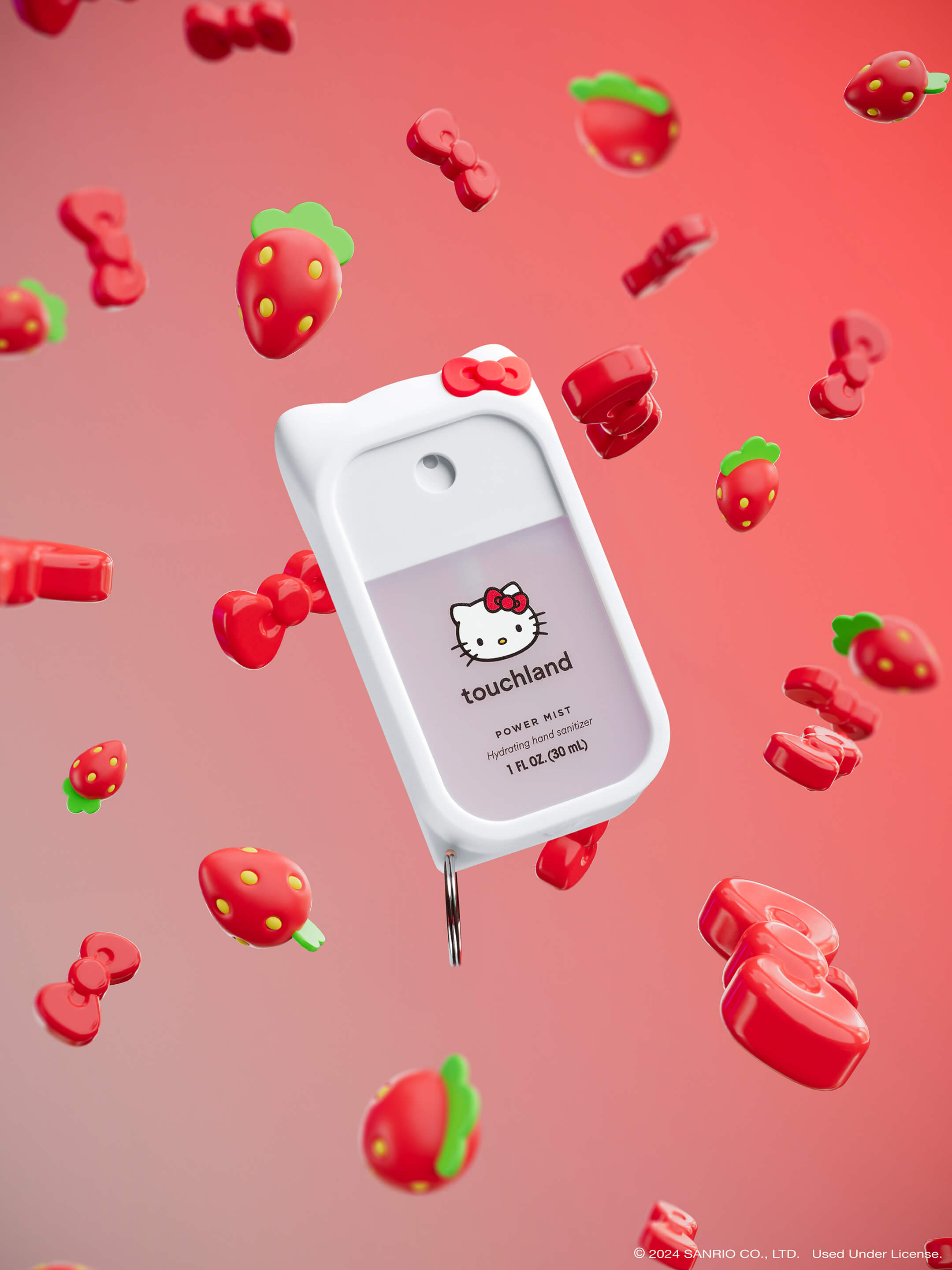 Hello Kitty® Power Mist + Custom Hello Kitty® Mist Case floating in the air with 3D bows and strawberries.