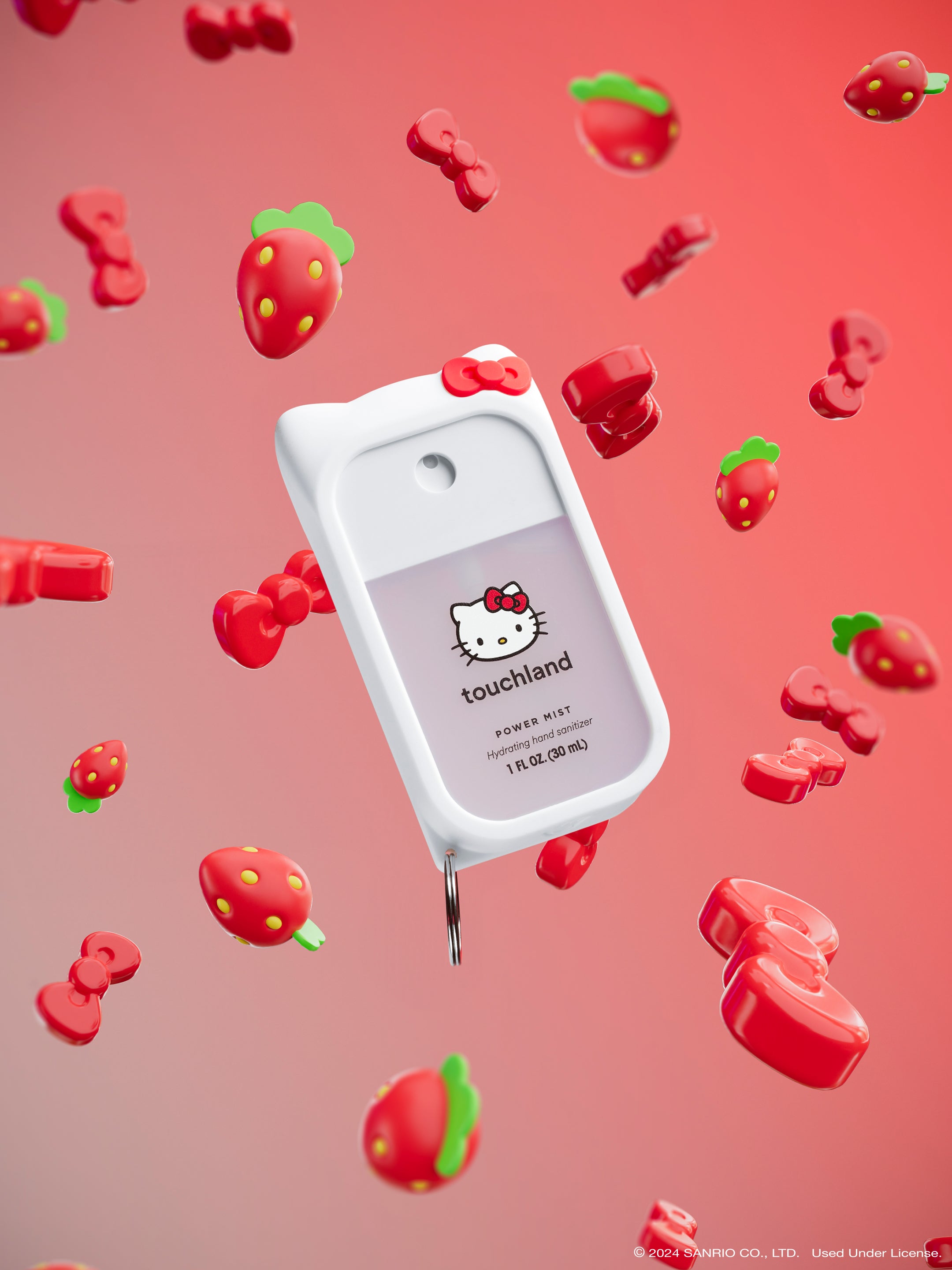 Hello Kitty® Power Mist + Custom Hello Kitty® Mist Case floating in the air with 3D bows and strawberries.