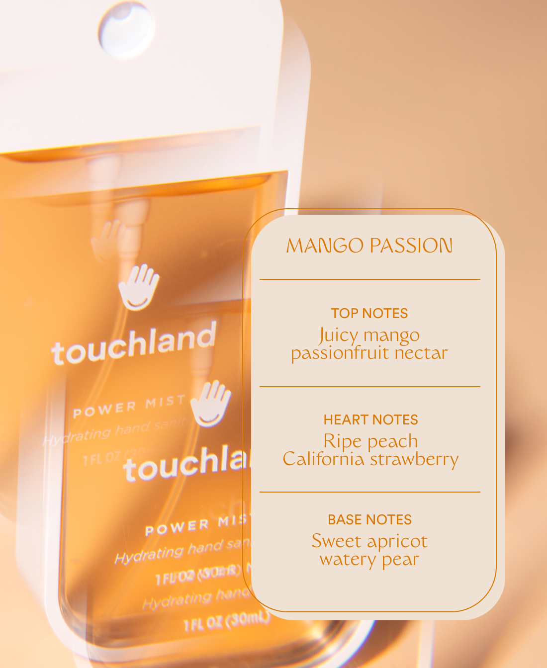 Prism effect of a Power Mist bottle picture with scent notes (top, heart, and base notes) section of the Mango Passion scent.