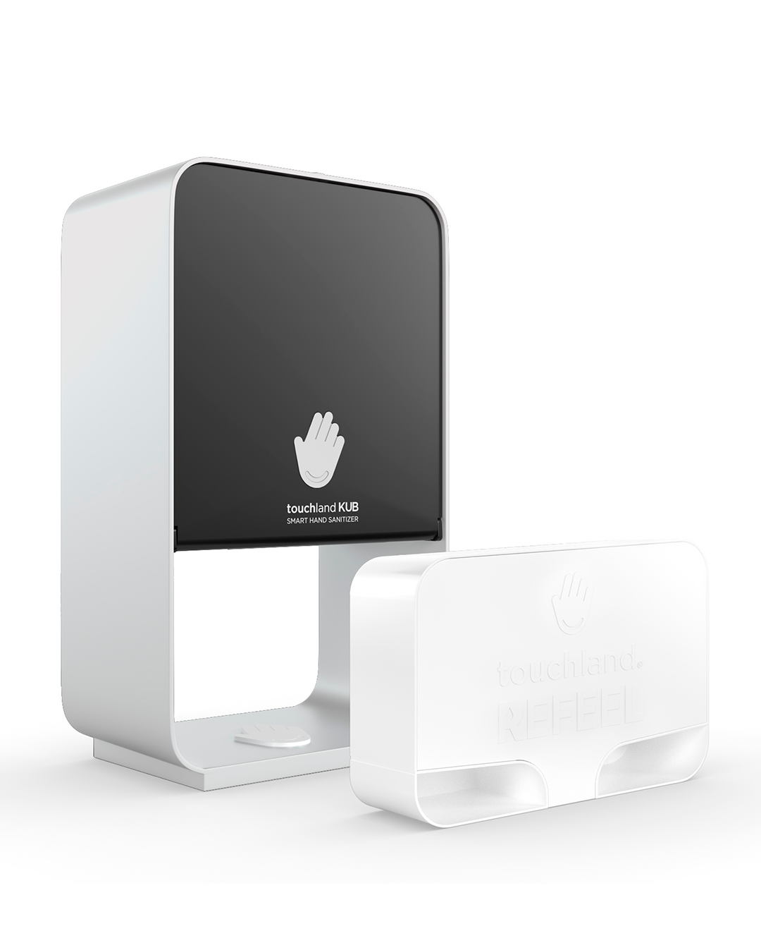 Jet black kub dispenser at 3/4 angle with 1 refeel pack on white background