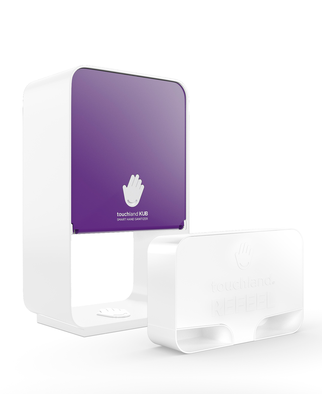 Purple kub dispenser at 3/4 angle with refeel packet on white background