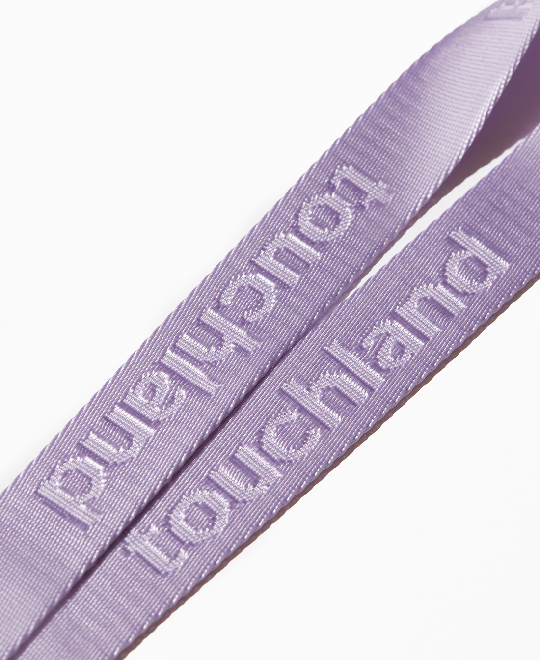 Touchland purple lanyard zoomed in on Touchland text on white background