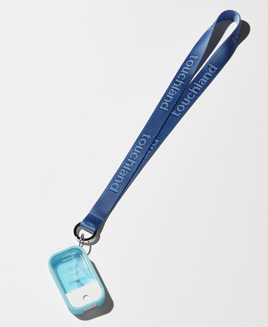 Touchland blue mist case attached to blue lanyard with blue power mist