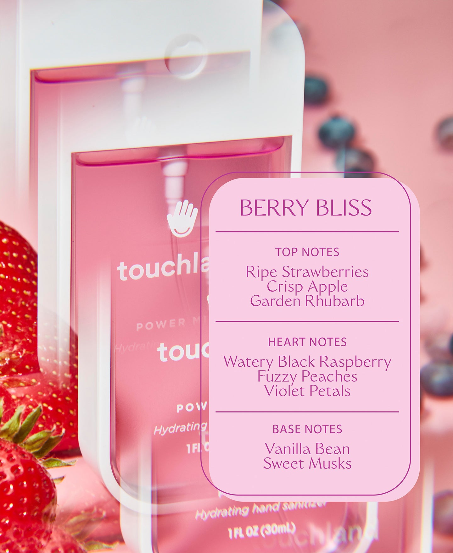 Berry bliss power mist key ingredients list on pink background