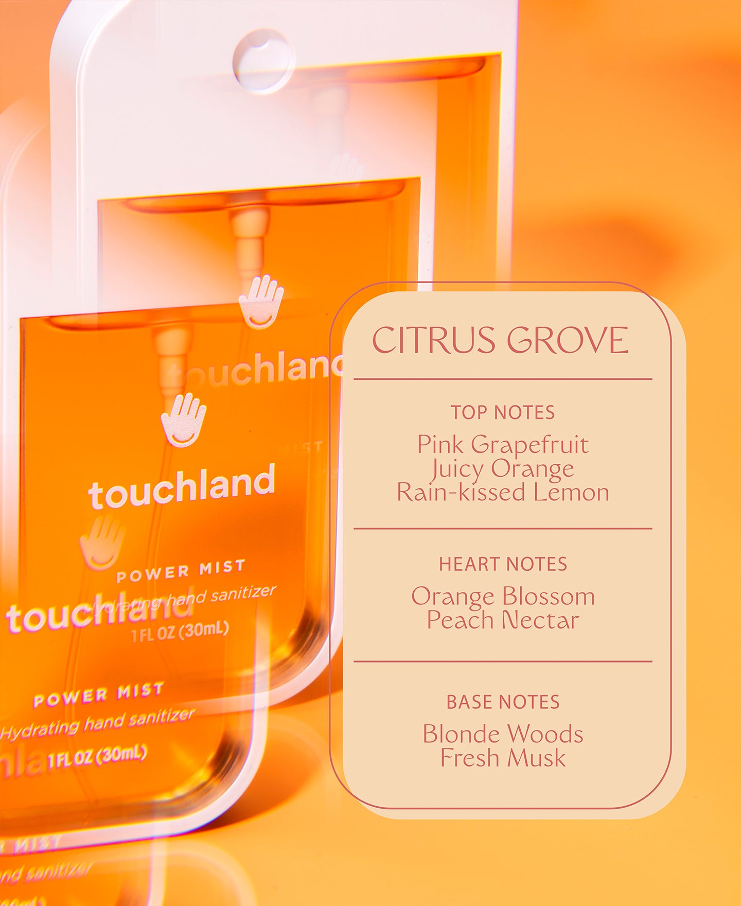 Citrus grove orange power mist multiplied diagonally with list of key ingredients on peach colored background