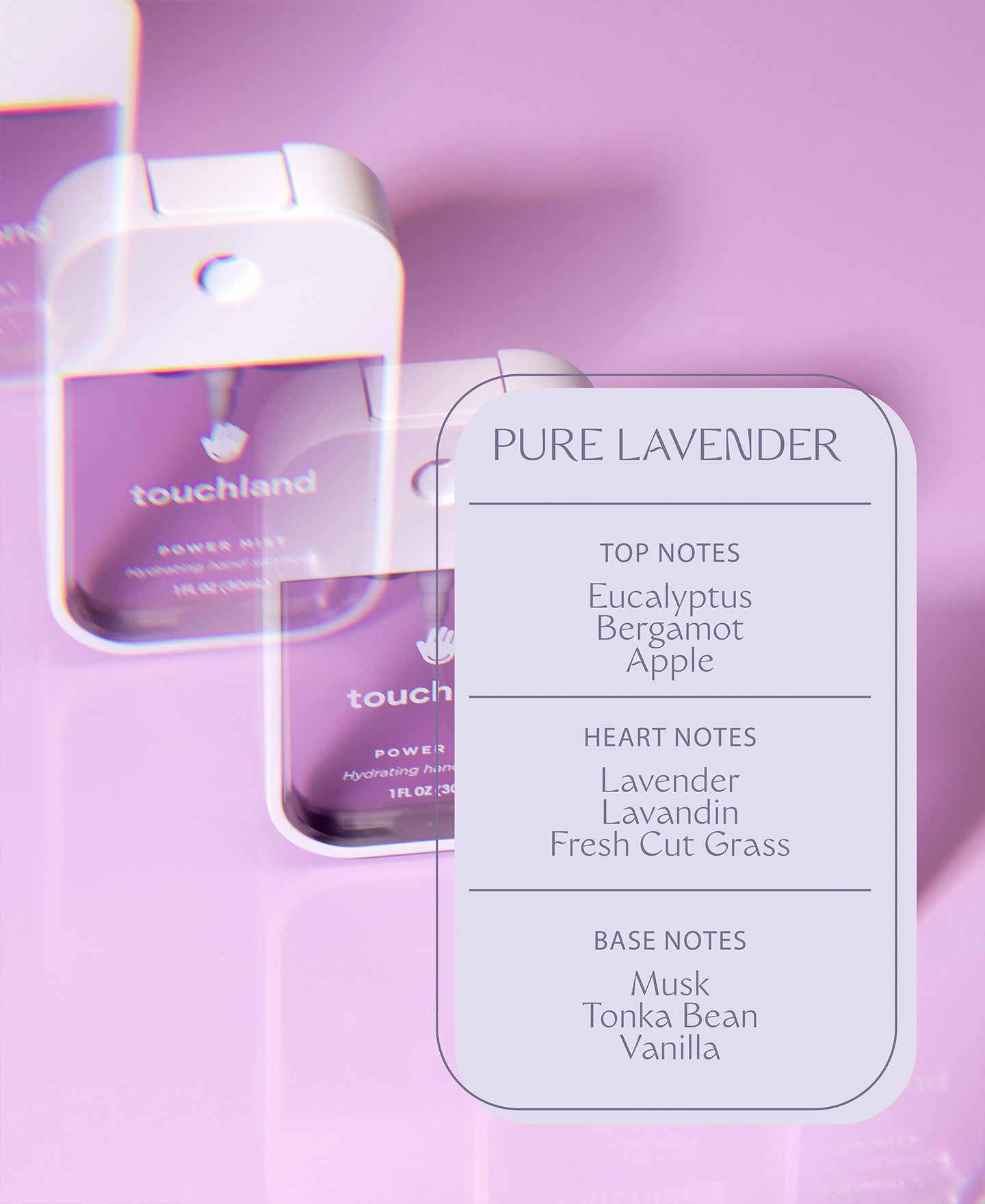 Pure lavender purple power mist key ingredients on purple background
