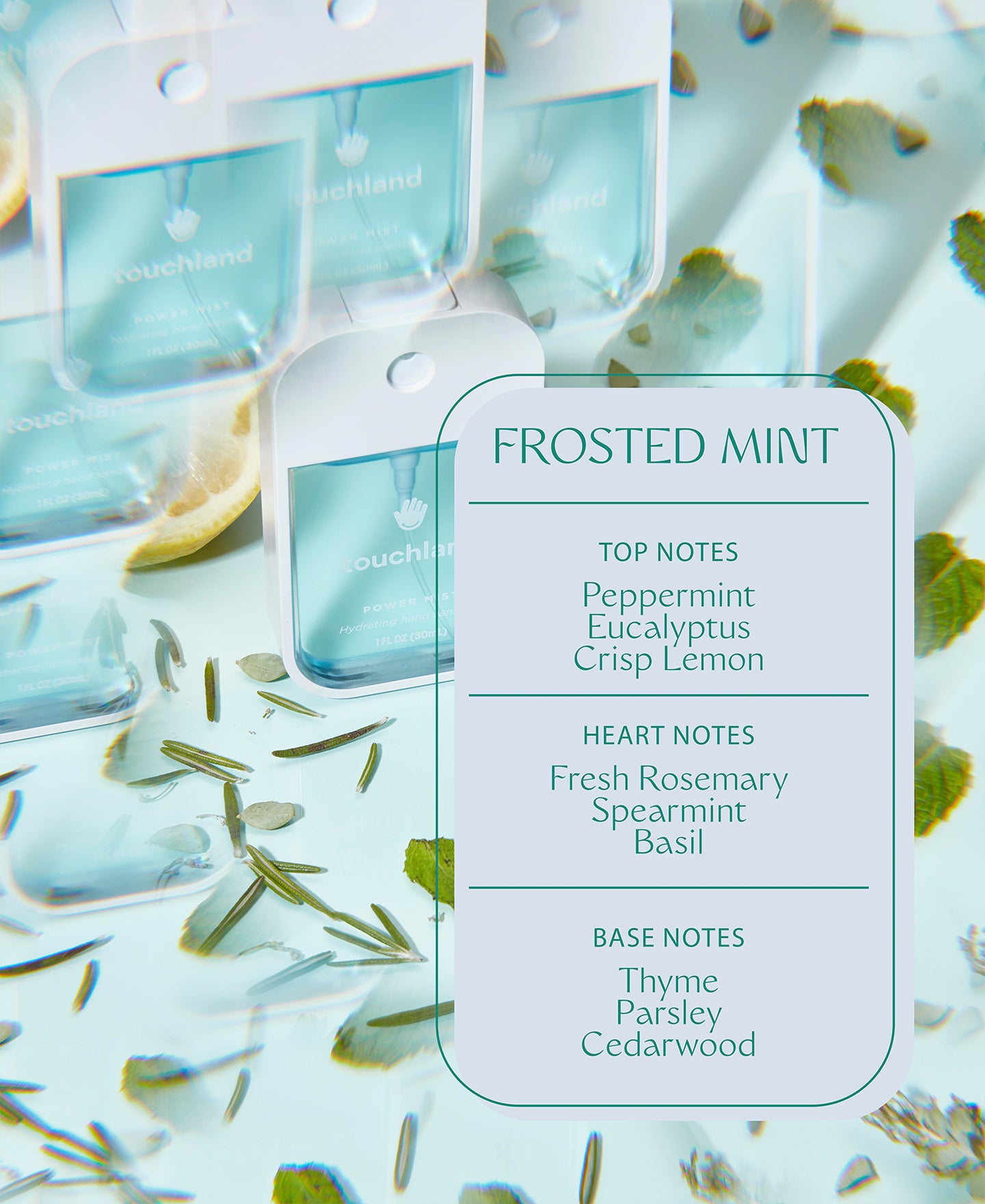 Frosted mint blue power mist key ingredients on light blue background