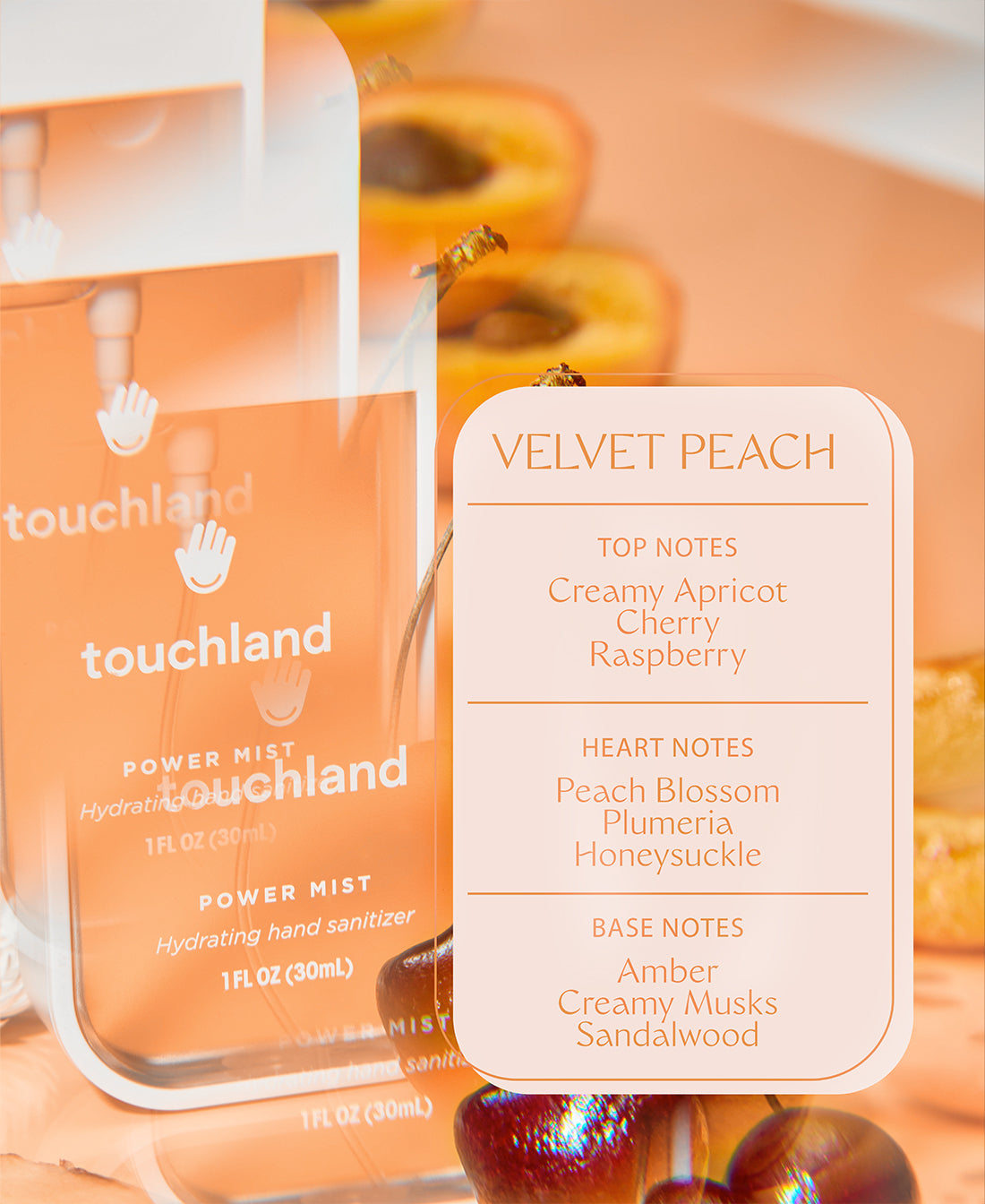 Velvet peach list of scent notes on peach orange background