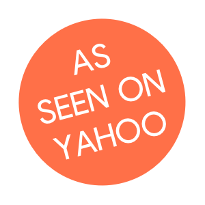 Peach circle with white text that reads "As Seen on Yahoo"