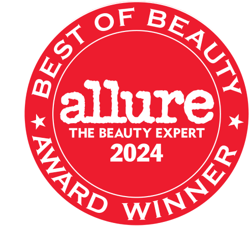 Red circle with allure reward title in white font on white background